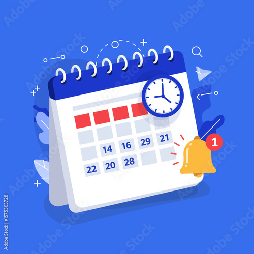 A vibrant flat design illustration of a calendar, clock, and notification bell, symbolizing important deadlines and event reminders.