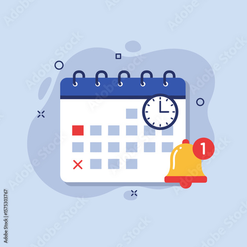 Calendar with a clock and notification bell, symbolizing important dates, scheduling, and reminders for appointments and events.