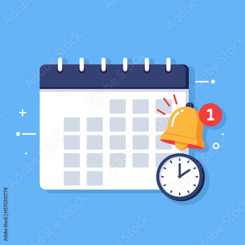 A flat design illustration shows a calendar with a clock and a ringing notification bell, symbolizing important dates, deadlines, and time management for business planning.