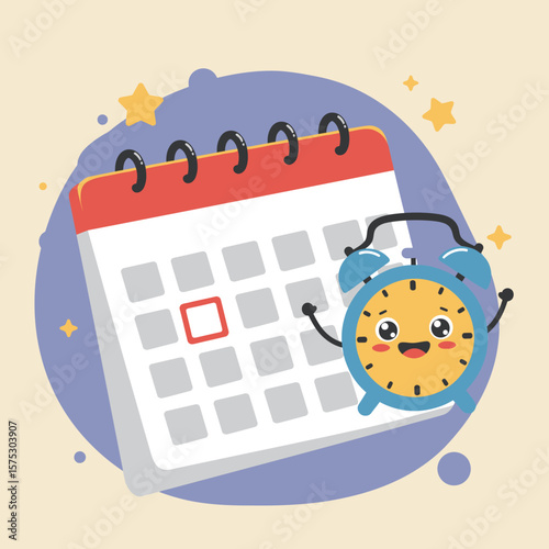 A cheerful cartoon alarm clock character stands next to a calendar, symbolizing time management and scheduling in a fun, engaging way.