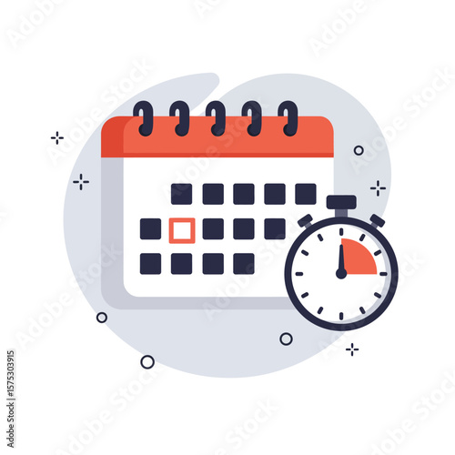 A modern flat illustration depicts a calendar with a highlighted date next to a stopwatch, symbolizing efficient time management and important deadlines.