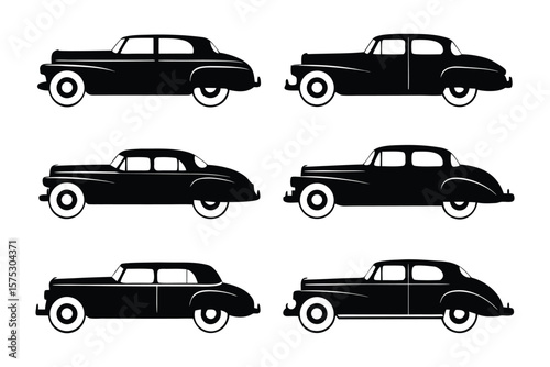 Classic Car Silhouette: A collection of six meticulously crafted black vintage car silhouettes, each exuding timeless elegance and capturing the essence of automotive history.
