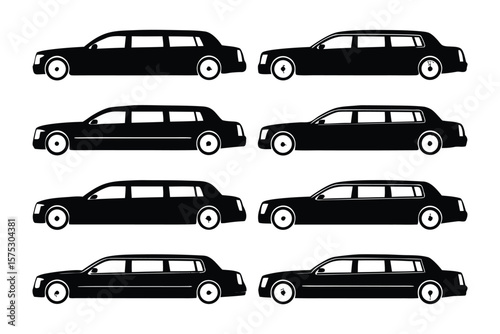 Black Limousines Set: A sleek assortment of black limousine silhouettes, each embodying elegance and luxury, displayed in a minimalist layout.