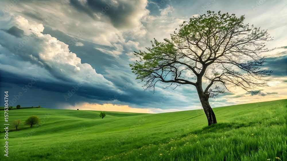 Obraz premium Lone tree on a rolling green hill under a dramatic stormy sky