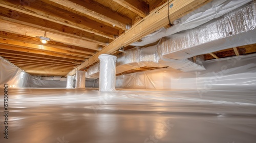 Encapsulated Crawl Space Under House – White Vapor Barrier, Insulation, Wooden Joists, and Foil-Wrapped HVAC Ducting

