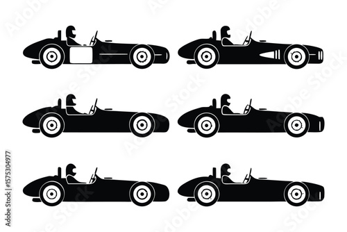 Classic Race Cars: A dynamic composition of six vintage race cars, rendered in a sleek, modern silhouette style, captures the essence of speed, precision, and automotive history.