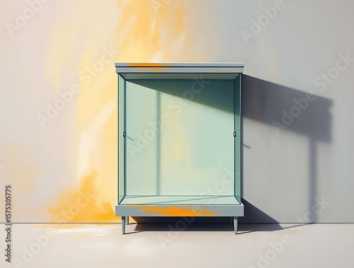 Minimalist display case exhibit with artistic brushstrokes background design