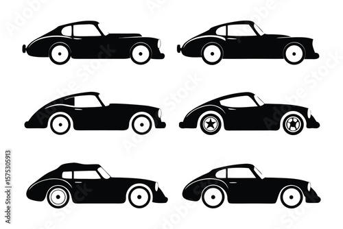 Classic Car Set: A collection of sleek, vintage automobiles rendered in silhouette, each exuding timeless elegance and classic charm.