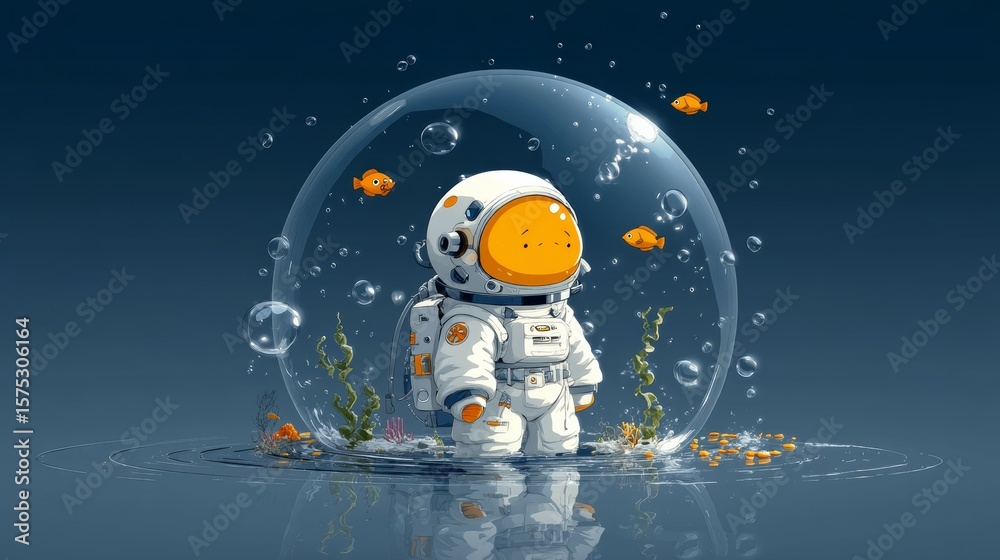 Naklejka premium Cute Astronaut in Bubble Underwater with Fish and Plants in a Colorful Ocean Scene