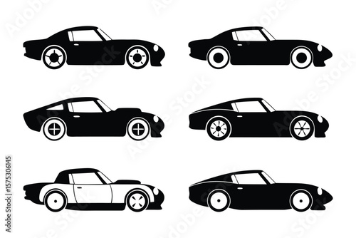 Classic Car Silhouette Set: A collection of meticulously designed classic car silhouettes, rendered in stark black and white, showcasing timeless automotive elegance.