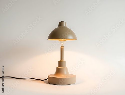 Minimalist mushroom style table lamp illuminating a white background studio