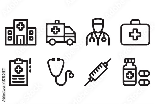  Medical Health Icons Set Including Stethoscope, Hospital, Ambulance, and More

