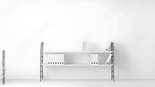 Monochromatic Office Interior, Sleek Shelves with White Binders Storage