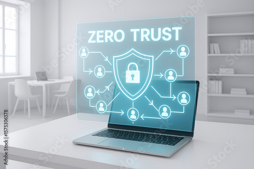 A modern office workspace depicting cybersecurity and zero trust network architecture concepts on a laptop display.