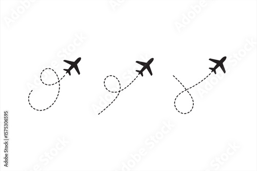 Airplane with Flight Paths in Dotted Lines, Minimalist Style Illustration