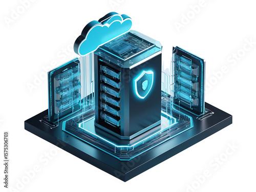 Cloud Security and Data Protection Concept, 3D Isometric Illustration of a Server with a Cloud and Shield, AI Generated
