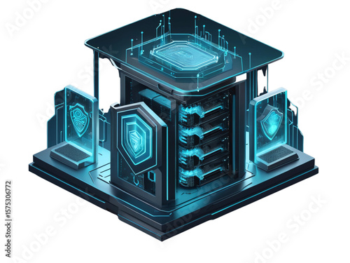 Multi-Layered Cybersecurity and Biometric Authentication, 3D Illustration of a Secure Server with Multiple Shields, AI Generated