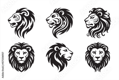 Black Lion Head Design with Intricate Fur and Bold Features, Minimalist Animal Illustration