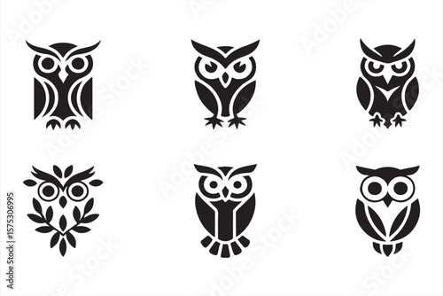 Stylized Black Owl with Floral and Geometric Patterns, Abstract Design in Minimalist Style