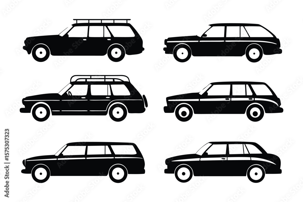 Fototapeta premium Retro Station Wagon Set: A collection of six black station wagon icons, blending vintage charm with minimalist design, perfect for adding a touch of nostalgia to any project.