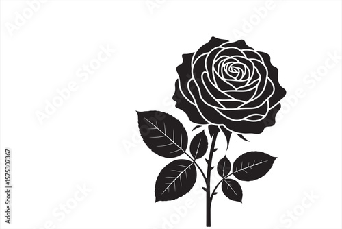 Artistic Black Rose with Detailed Petals and Leaves, Modern Minimalist Flower Illustration