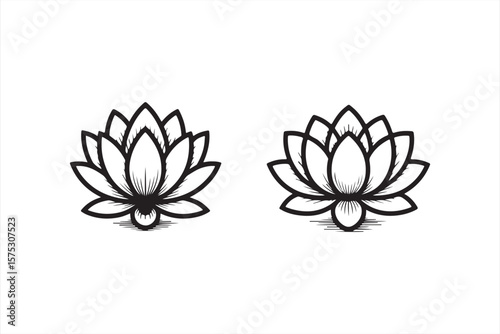 Stylized Black Lotus Flower with Detailed Petals and Abstract Linear Design, Minimalist Graphic Style