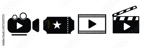 Cinema icons set. Collection icon: Popcorn box, movie, clapper board, film, movie, tv, video and other. Flat style, stock vector.