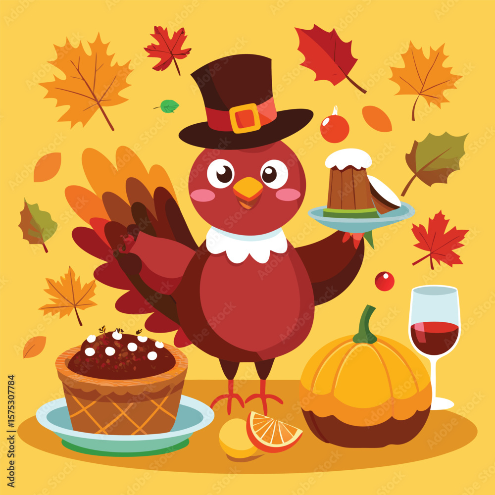 Obraz premium Autumn holiday collection of cartoon Thanksgiving turkey vector illustrations with pumpkins, bats, and witch hats-