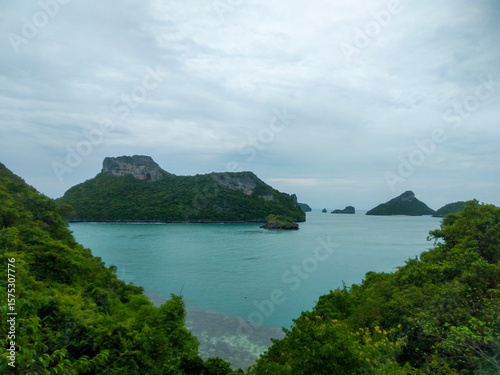 Beautiful Seascape with Mountains, Blue Ocean, and Islands under Clear Sky at Ang Thong National Marine Park, Koh Samui, Thailand