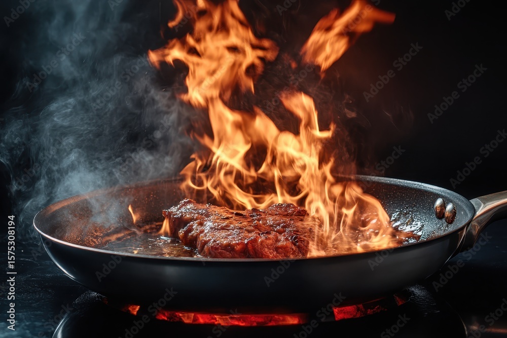 Searing steak in a frying pan creates dramatic flames and smoky aroma in a kitchen environment, Burning meat in a frying pan Searing steak in a frying pan creates dramatic flames and smoky aroma in a kitchen environment, Burning meat in a frying pan