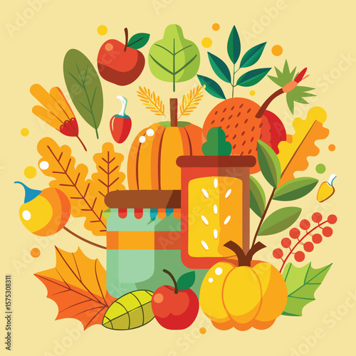 Autumn harvest still life illustration with a basket overflowing with fresh fruits and vegetables, fallen leaves, and flowers in a vibrant fall design