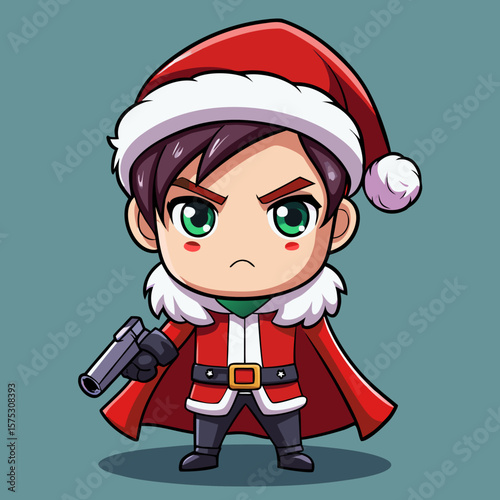 Cute chibi character in santa outfit holding a gun with a grumpy expression