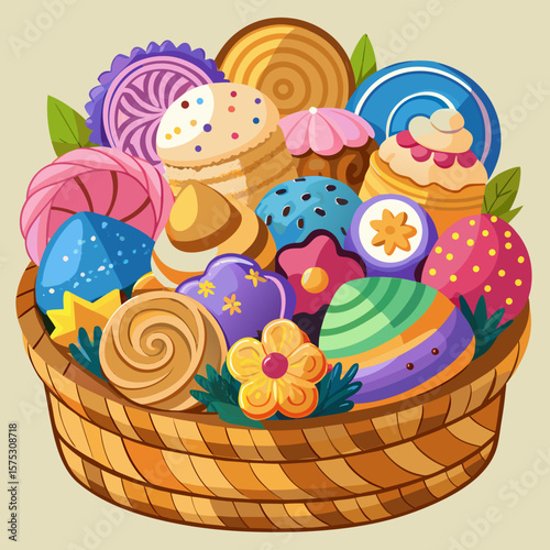 Abundant wicker basket overflowing with colorful easter eggs and sweet treats