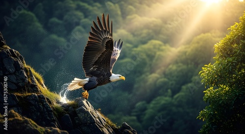 Majestic Eagle Taking Flight From Rocky Cliff with Bright Sunlight in Green Forest