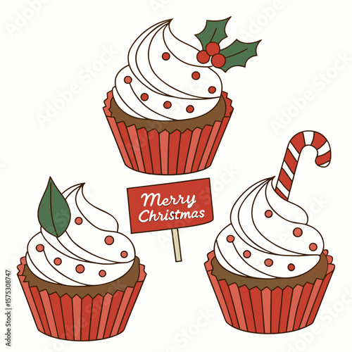 Three festive christmas cupcakes decorated with holly a candy cane and a merry christmas sign
