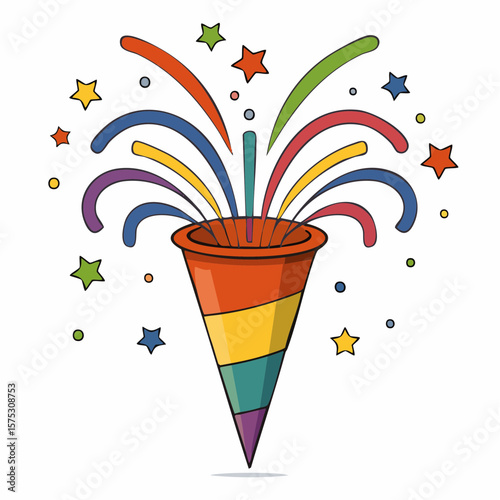 celebratory rainbow confetti popper icon in flat design; vibrant LGBTQ pride party symbol, 512×512 px