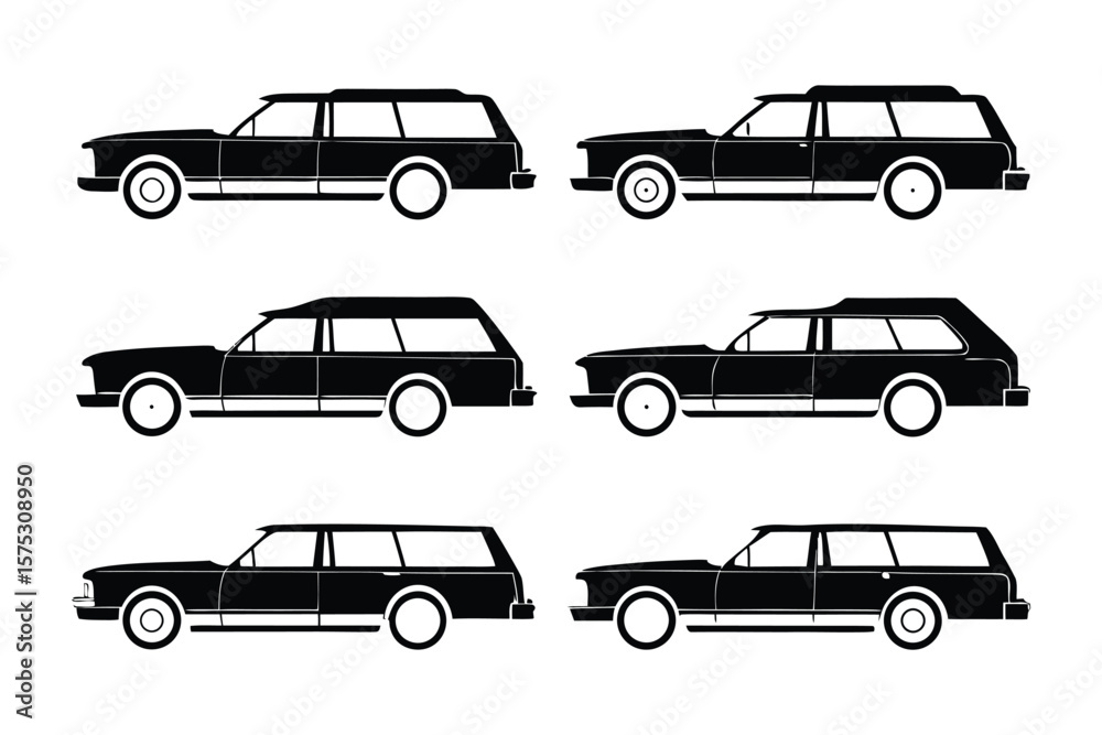 Fototapeta premium Classic Station Wagon Collection: A stylized illustration showcases a series of classic station wagons, evoking a sense of nostalgia for vintage automotive design.