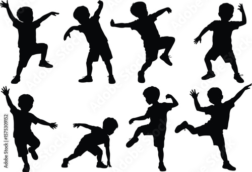 Set of Dynamic Boys Silhouettes in Motion, Active Play and Fun