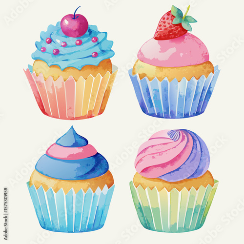 Four watercolor cupcakes with colorful frosting and toppings arranged in a grid pattern
