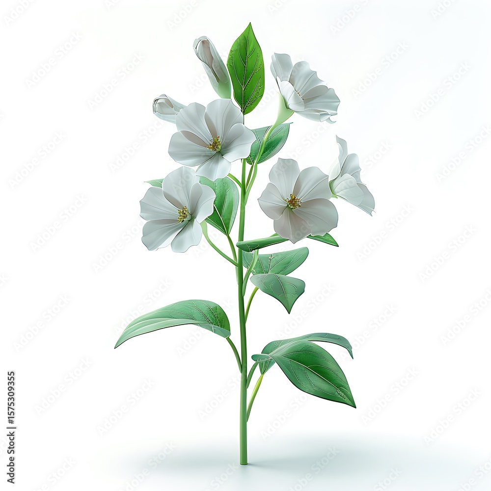 Obraz premium Artistic White Flower Stem With Green Leaves on a Clean White Background
