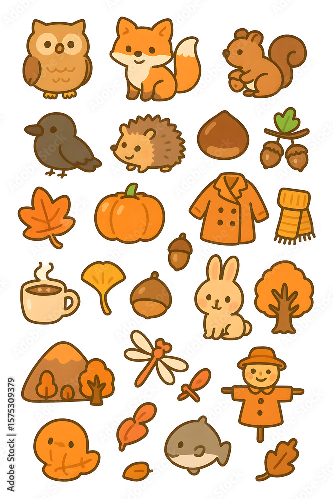 Fototapeta premium autumn animals fall 가을 풍경 동물 다람쥐 토끼 도토리 코트 허수아비 잠자리
