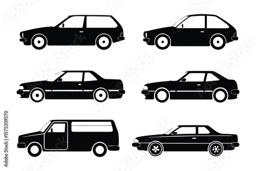 Classic Car Collection: A set of stylized, monochrome car silhouettes, showcasing different classic automobile body types. Evoking a sense of vintage aesthetics and transportation design.