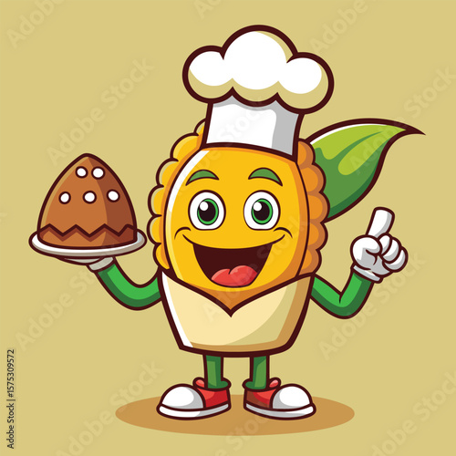 A cute, funny cartoon chef character with a happy face, wearing a hat and holding either is a fun vector illustration for food and restaurant designs