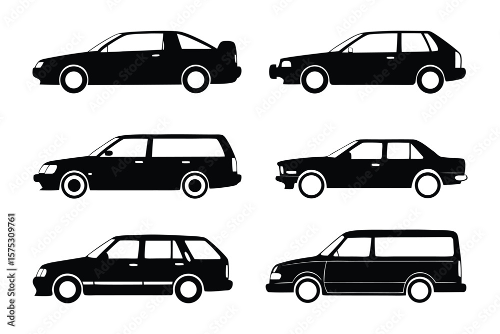 Variety of Automotive Silhouettes: A collection of six sleek, black automotive silhouettes, showcasing diverse vehicle styles. It's a minimalist presentation for automobile designs. Variety of Automotive Silhouettes: A collection of six sleek, black automotive silhouettes, showcasing diverse vehicle styles. It's a minimalist presentation for automobile designs.