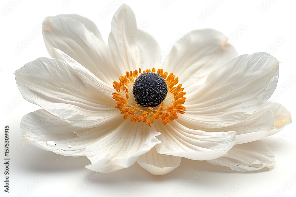 Fototapeta premium Elegant White Anemone Flower with Black Center and Orange Stamens on White