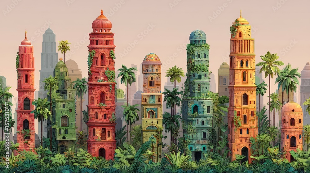 Naklejka premium Vibrant Tropical Towers Surrounded by Lush Greenery in a Fantasy Landscape
