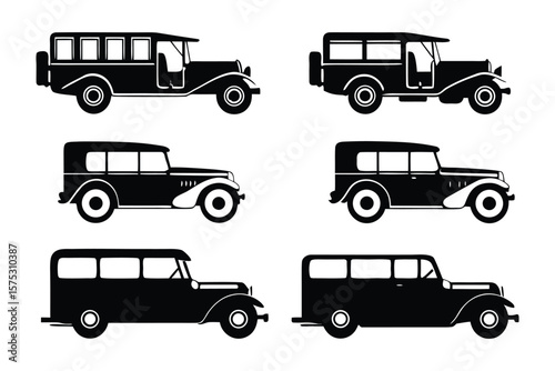 Vintage Cars Silhouette: A collection of detailed silhouettes of classic vehicles from a bygone era, ideal for designs related to transportation, history, and vintage style.