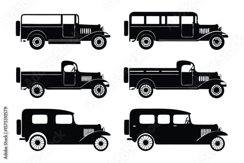 Vintage Vehicles Collection: A striking, monochrome ensemble of classic cars, including pickup trucks, buses, and sedans, rendered in a timeless silhouette.