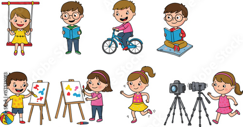 Cartoon children playing, reading, painting, cycling, and using camera equipment, fun educational kids activity vector illustration for learning resources