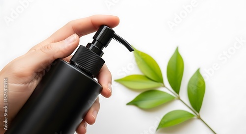 Hand Holding Black Cosmetic Bottle with Dispenser and Green Leaves